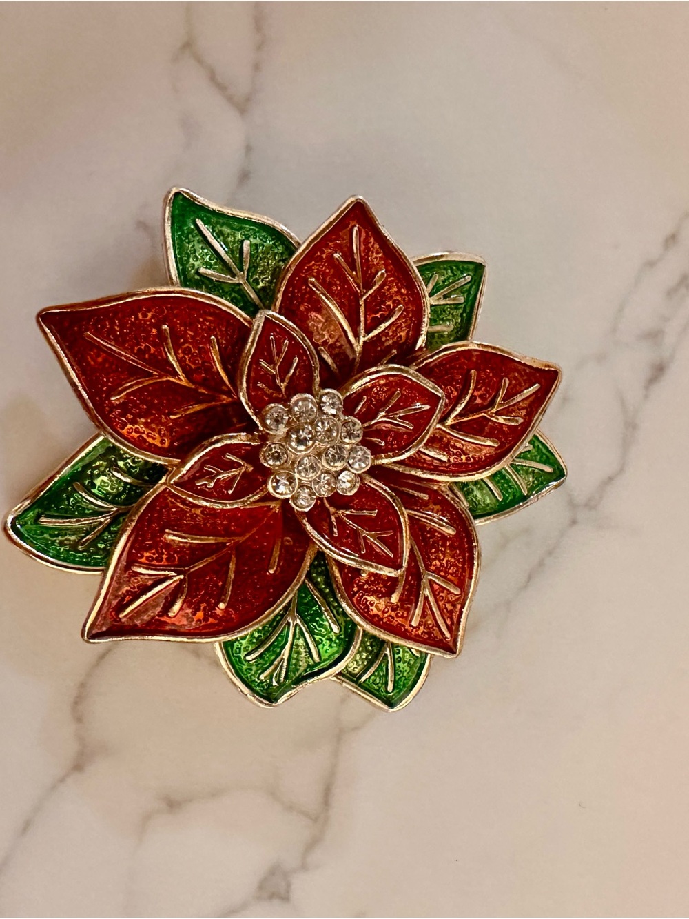 Festive Red & Green Poinsettia Brooch with Crystal Center